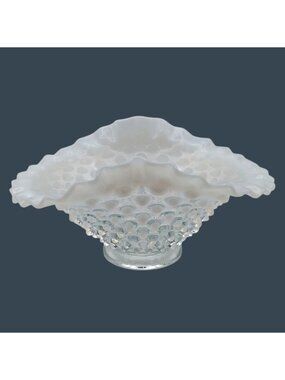Vintage Fenton Art Glass Moonstone Opalescent Hobnail Ruffled Bowl MCM